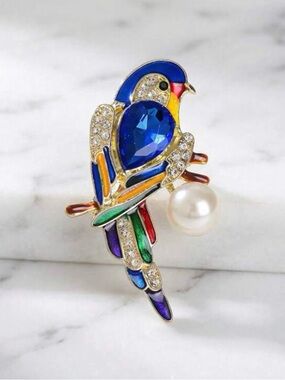 Colorful Parrot Brooch Pin with Faux Pearl Accent - Blue, Green, Red